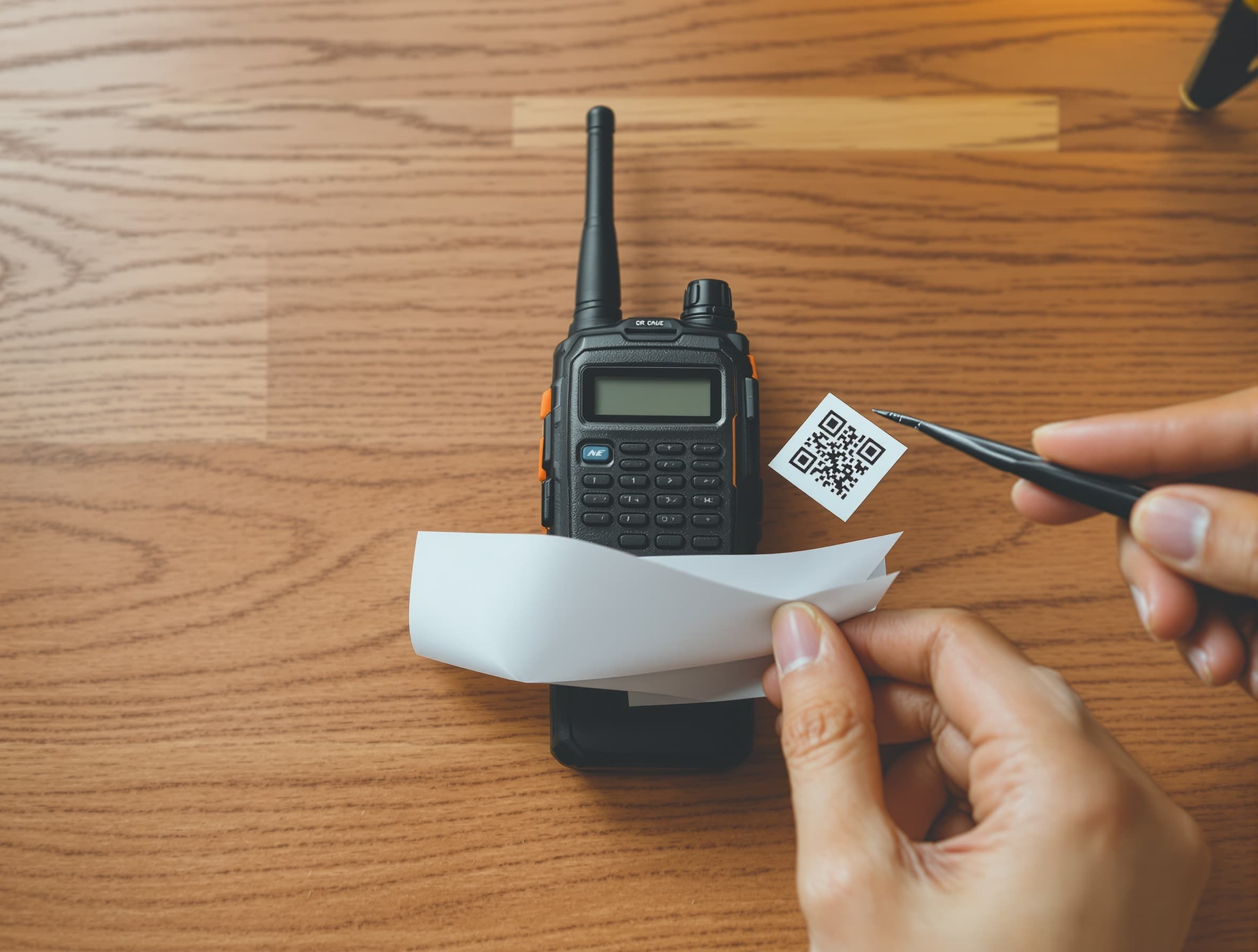 QR-Sticker wird auf ein Funkgerät geklebt