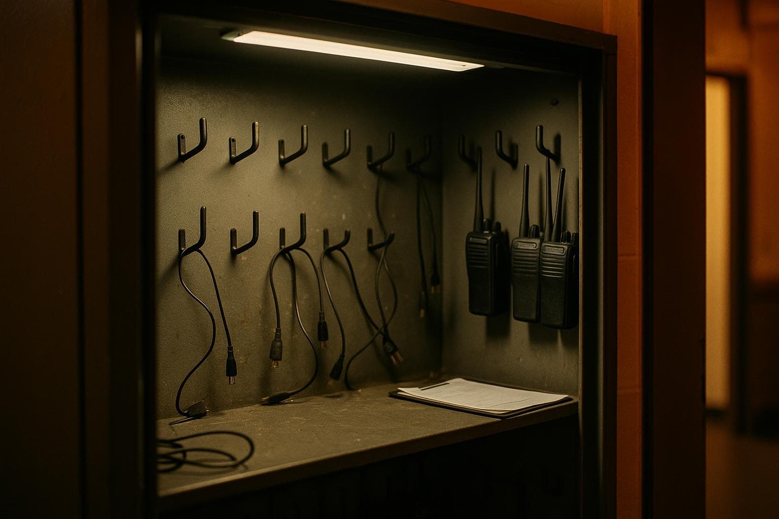 Halb leerer Funkgeräte-Schrank am Schichtende