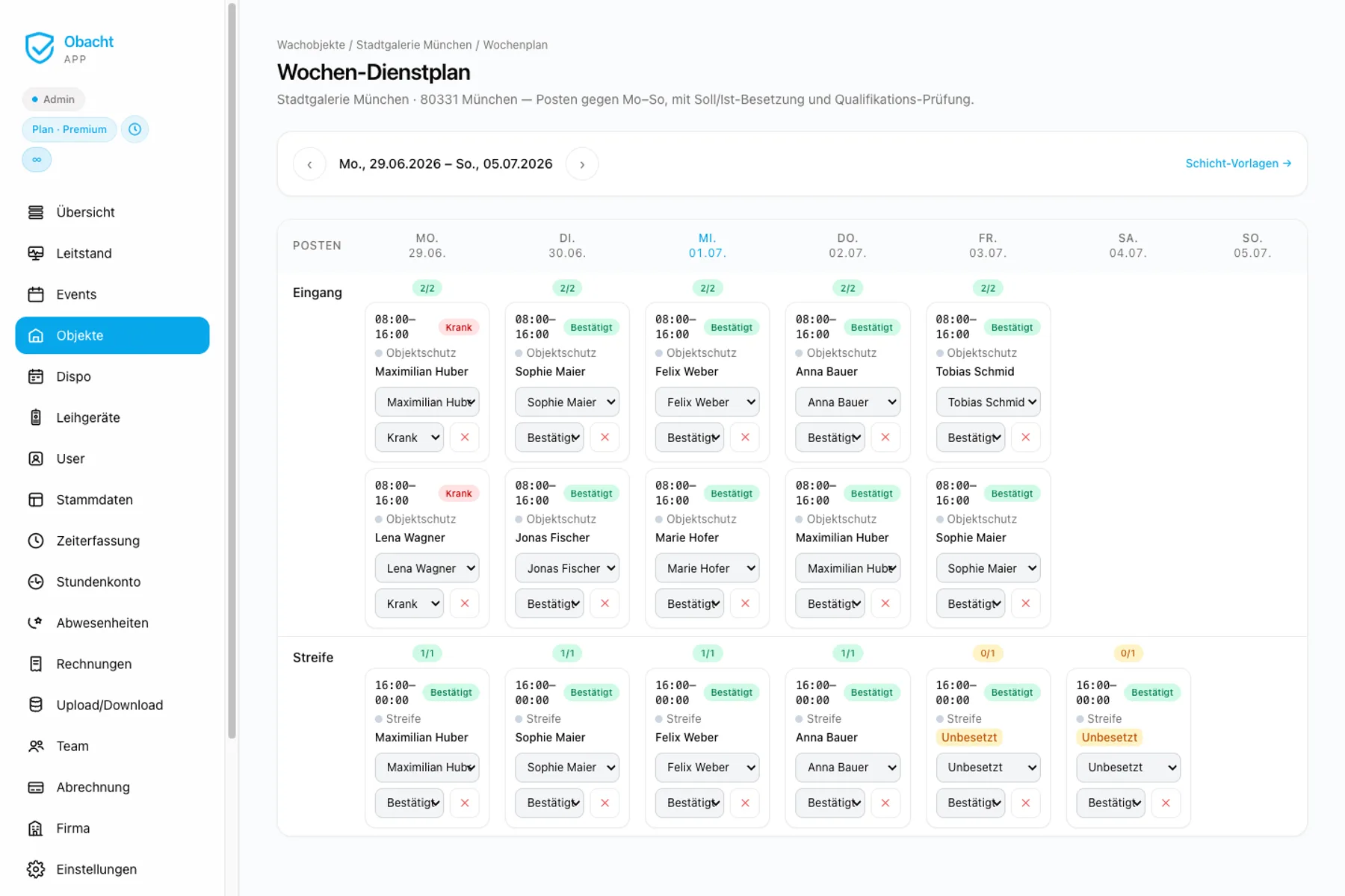 Wochen-Dienstplan mit Posten je Tag und Soll/Ist-Besetzung